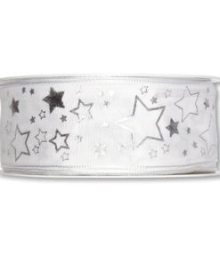 Dekorasjonsbånd med tråd HVIT/SØLV stjerner. 40 mm. x 25 m.