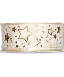 Dekorasjonsbånd med tråd KREM/GULL stjerner. 40 mm. x 25 m.