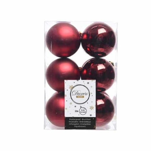 Plastik-Weihnachtskugeln DUNKELROT Ø 6 cm, matt und glänzend, 12 Stück.