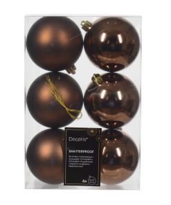 6 styk matte og blanke espressobrune plastik julekugler ø8 centimeter