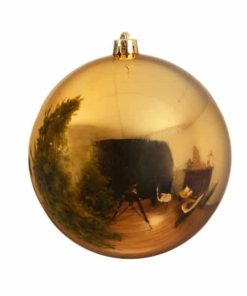 stor julekugle i plastik diameter 14 centimeter blank guld overflade