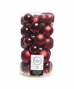 plastik julekugler Ø4 og Ø6 til juletræ mørkerøde med forskellige overflader