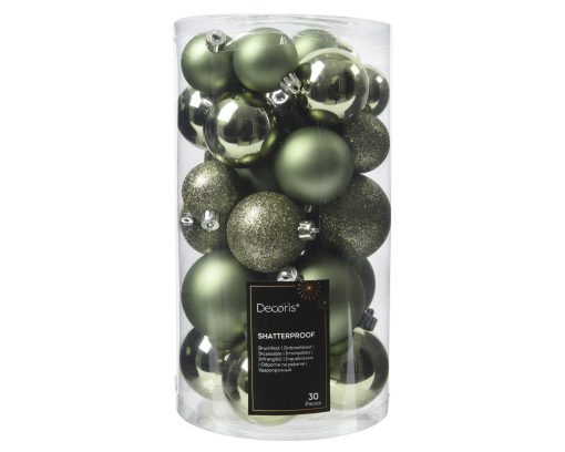 Plastikk julekuler mix boks i ROSMARIN GRØNN, Ø 4 – 6 cm. 30 stk.