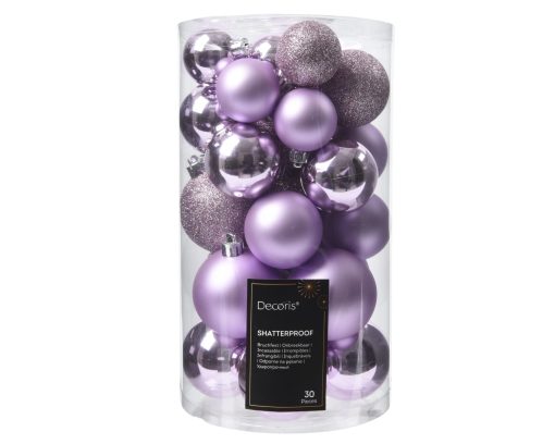 Plastikk julekuler mix boks i LYS LILLA, Ø 4 – 6 cm. 30 stk.