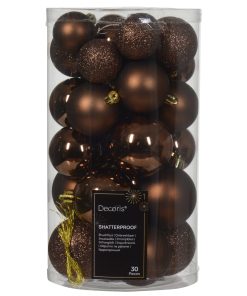 box med 30 styk ensfarvede julekugler med tre forskellige overflade i ekspresso brun
