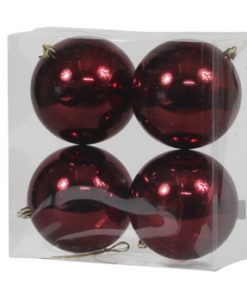 4 stk. blanke mørkerøde plastik diameter 12 cm. store julekugler til juletræ og julepynt