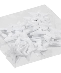 24 styk plastik stjerner med glitter og hul i midten i hvid