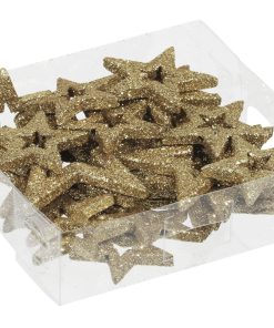 Plaststjerner med glitter og hull i midten. GULL 24 stk.