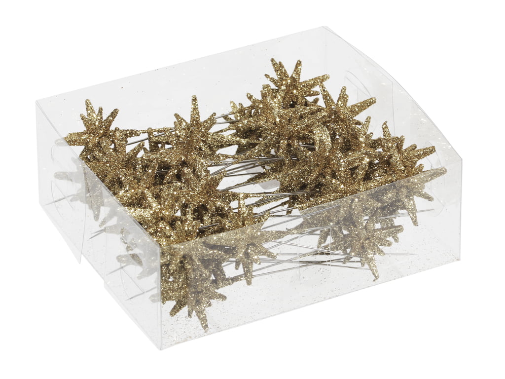 Plastik 3D Mini-Sterne mit Glitter auf Nadel. GOLD 3 cm. 36 Stk.