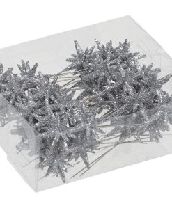 Plast 3D mini stjerner med glitter på nål. SØLV 3 cm. 36 stk.