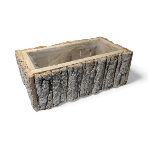 Korb, rechteckiger länglicher Übertopf in weißer Naturborke 13 x 24 cm.