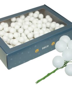 køb 18 bundter af 10 styk glitterkugler på wire i hvid