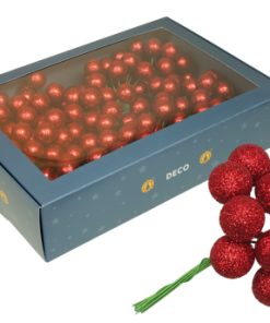køb 18 bundter af 10 styk glitterkugler på wire i rød