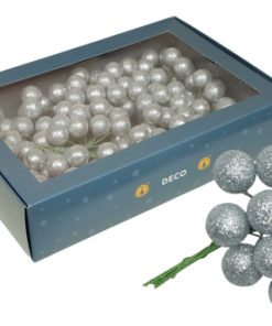 køb 18 bundter af 10 styk glitterkugler på wire i sølv