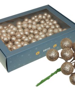 køb 18 bundter af 10 styk glitterkugler på wire i champagne