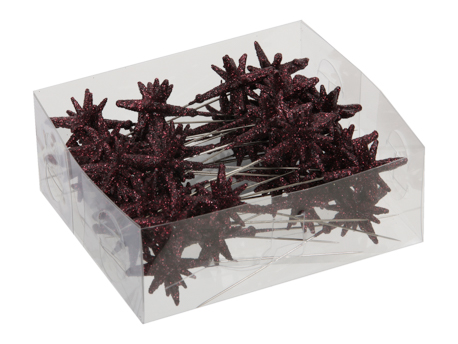 Plastiksterne mit Glitzer. DUNKLE ORCHIDEE 4 x 5 cm. 24 Stück.