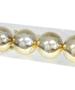 4 styk guldfarvede blanke plastik julekugler med diameter 9,5 centimeter