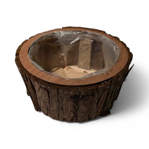 Kurv, rund skjuler i naturbark. Diameter 21 cm.