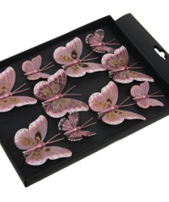 10 styk sommerfugle af fjer med clips i pink til dekoration.