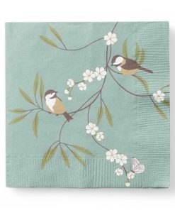 Lunsjservietter til vår. Blågrønne med blomstergrener og fugler. 20 stk.