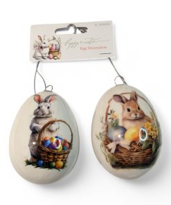 2 styk påskeæg til ophæng i polystyren med påskeharer og æg