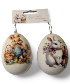 2 styk påskeæg til ophæng i polystyren med kaniner, påskeæg og blomster