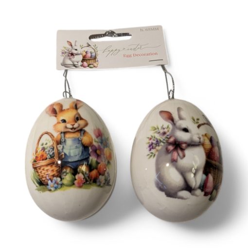 2 styk påskeæg til ophæng i polystyren med kaniner, påskeæg og blomster
