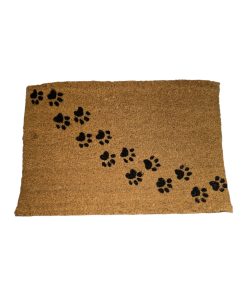 Dørmatte av kokos med kattepote fotspor. Måler 39 x 59 cm.