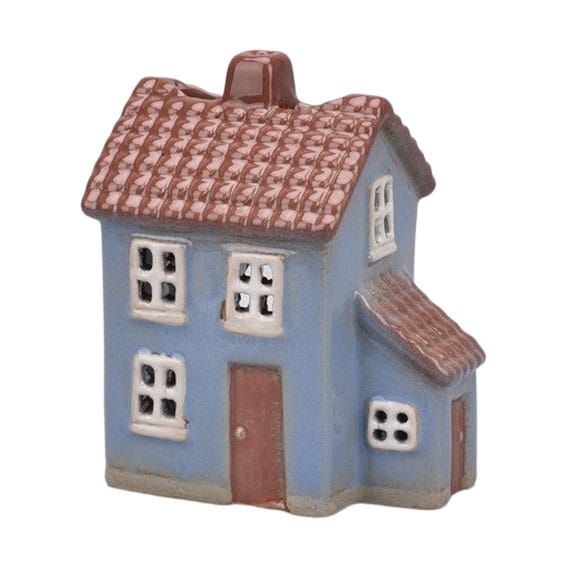 Keramikhaus für Teelichter. Blaues kleines Haus 10 x 8 x 6 cm.