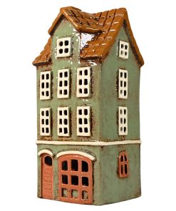 Alternative view of Keramikhaus für Teelichter. Graues/grünes Hochhaus 20 x 9 x 8 cm.