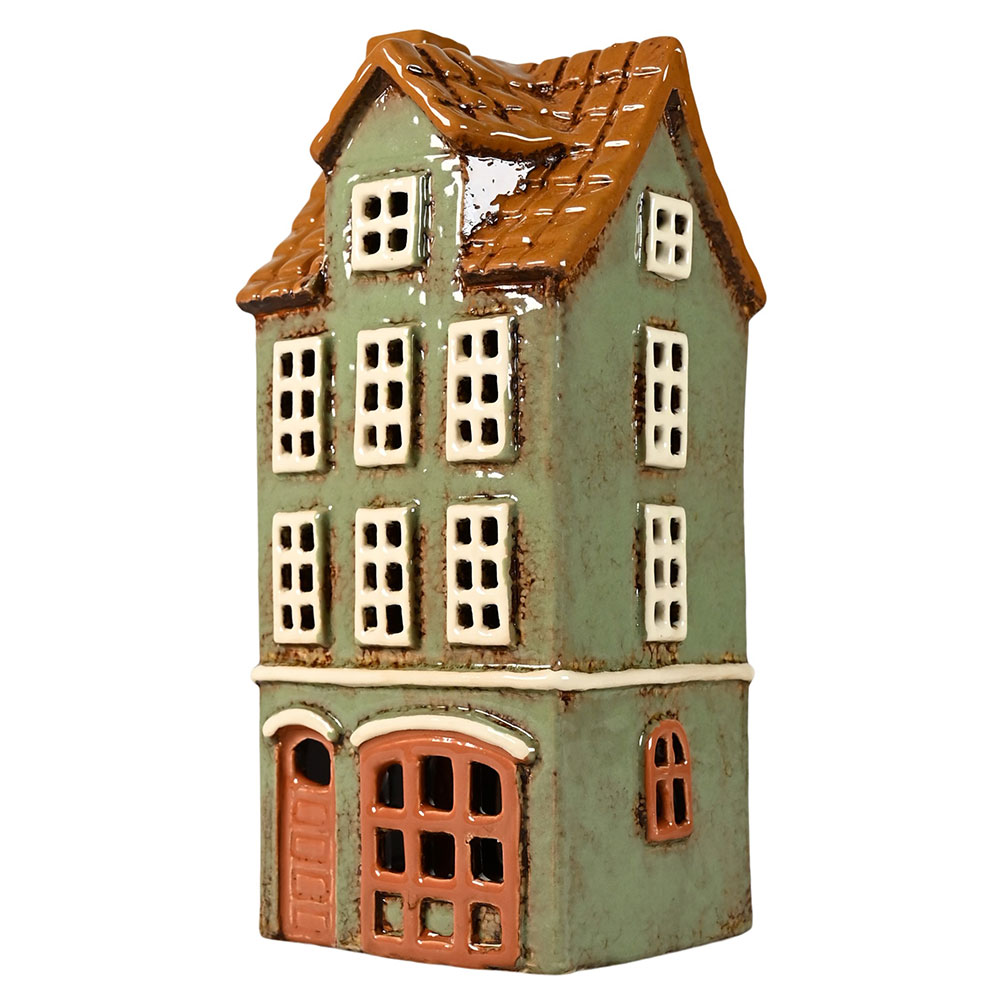 Keramikhaus für Teelichter. Graues/grünes Hochhaus 20 x 9 x 8 cm. – Bild 2