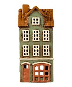 Keramikhaus für Teelichter. Graues/grünes Hochhaus 20 x 9 x 8 cm.