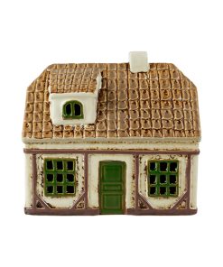Keramikhaus für Teelichter. Weißes Fachwerkhaus 12 x 14 x 9 cm.