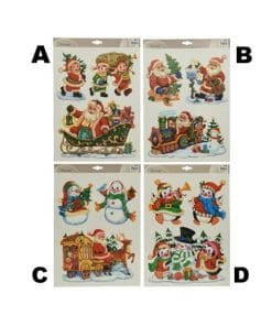 Julepynt, 3 stk. vindues pvc figurer med julenisse i sleden og 3 barn