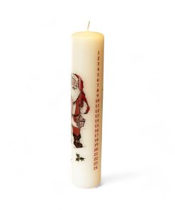 Kalenderkerze WEISS Weihnachtsmann mit Geschenksack. 5 x 25 cm.