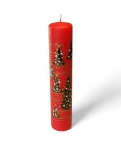 rødt kalenderlys dekoreret med juletræer og noder