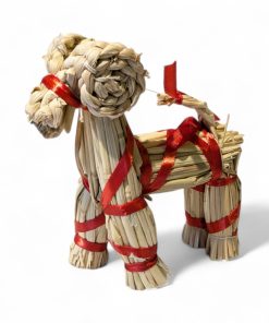 mellemstor halmbuk med rødt bånd til juledekoration som er 13 centimeter høj