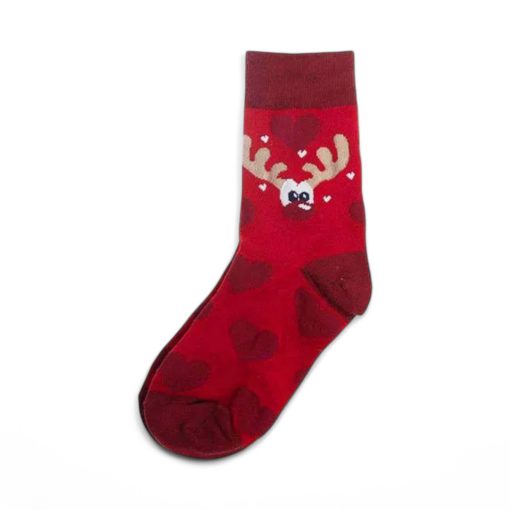 Weihnachtssocken für Kinder. Rot mit Herz und Rentier. Gr. 27-31