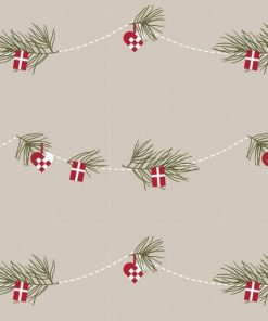 klassisk dansk julegavepapir med guirlande med fyr, hjerter og flag