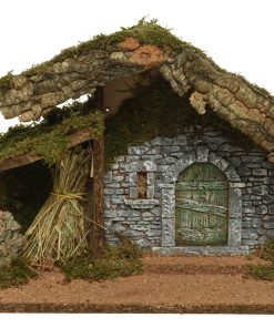 stald med høstak og murstensmur som måler 27 x 32 x 17 centimeter