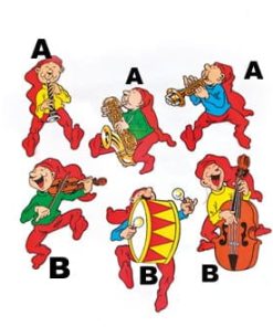 store karton bramming nisser med violin tromme og kontrabas instrumenter med snor til ophæng