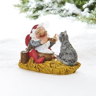 Weihnachtsmann mit Katze und Milchreis. Vilhelm Hansen Figur aus Polystone 6 x 9 cm.