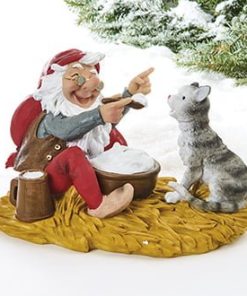 Julenisse med katt og risengrynsgrøt. Vilhelm Hansen figur i polystone 15 x 22 cm.