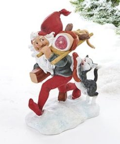 Julenisse med katt og pølse. Vilhelm Hansen figur i polystone 20 cm.