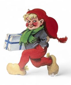 Nissegutt med julegave i tre av Vilhelm Hansen – 30 cm. Malt julepynt