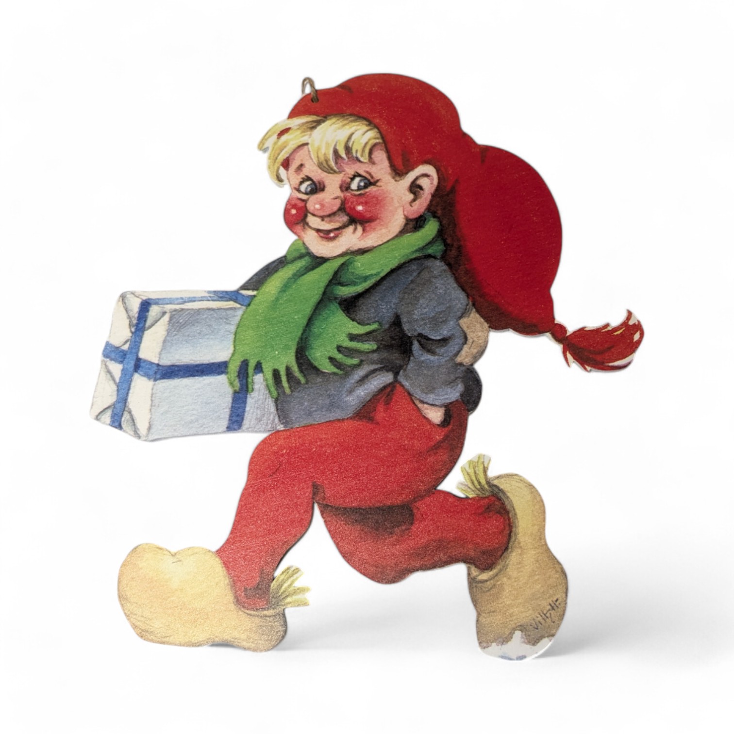 Weihnachtswichtel mit Weihnachtsgeschenk aus Holz von Vilhelm Hansen – 30 cm. Bemalter Weihnachtsschmuck