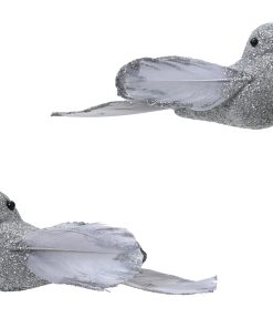 Vögel zur Dekoration in SILBER mit Glitzer. Plastikvögel. 2 Stück mit Federn und Clips.