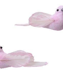 Fugler til dekorasjon i ROSA med glitter. Plastfugler. 2 stk. med fjær og klemmer.