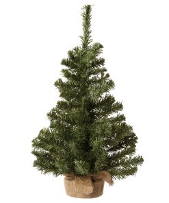 kunstigt grønt juletræ i jutepotte der måler 60 centimeter og diameter 35 centimeter