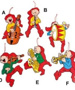 stor træ bramming nisse som spiller bas med snor til ophæng